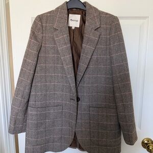 Madewell Taupe Herringbone Blazer with Pink Windowpane
